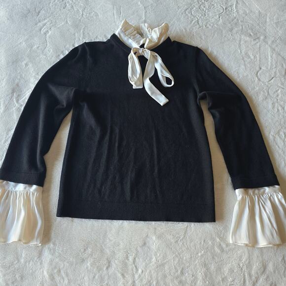 NWT $395 Alice + Olivia Wool Silk Bow Tie Sweater XS Black Ruffle Quiet Luxury - Picture 5 of 9